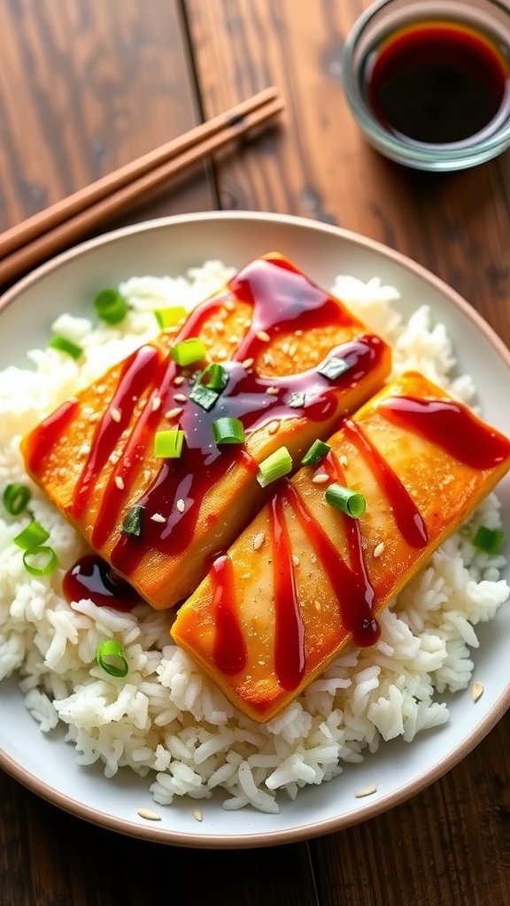 Grilled teriyaki Mahi Mahi fillets on rice, garnished with sesame seeds and green onions, on a rustic table.